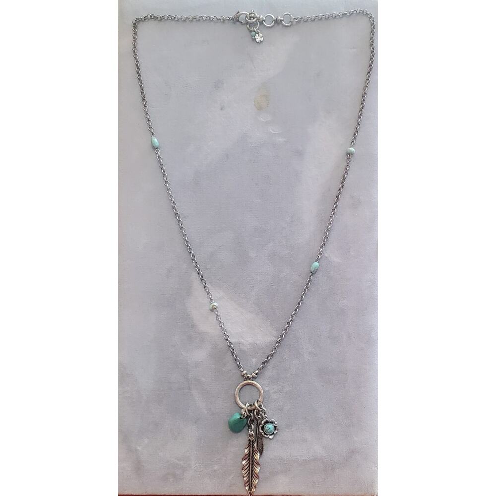 Vintage Boho Statement Necklace Leaf Faux Turquoise Bohemian Silver Tone 30” - Picture 3 of 8